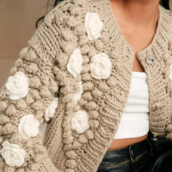 Khaki Casual Women's Crew Neck Long Sleeve Thick Knitted Loose Sweater Jacket - Picture 6 of 7